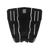 Black surfboard tail pad with white accents on a white background